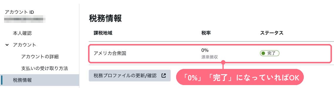 KDPの税務情報の画面。アメリカ合衆国の税率が0%源泉徴収、ステータスが完了と表示されている