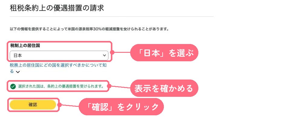 KDPの税務プロファイルの「租税条約上の優遇措置の請求」の欄。税制上の居住国で「日本」を選ぶと「選択された国は、条約上の優遇措置を受けられます」と表示され、その下に「確認」ボタンがある